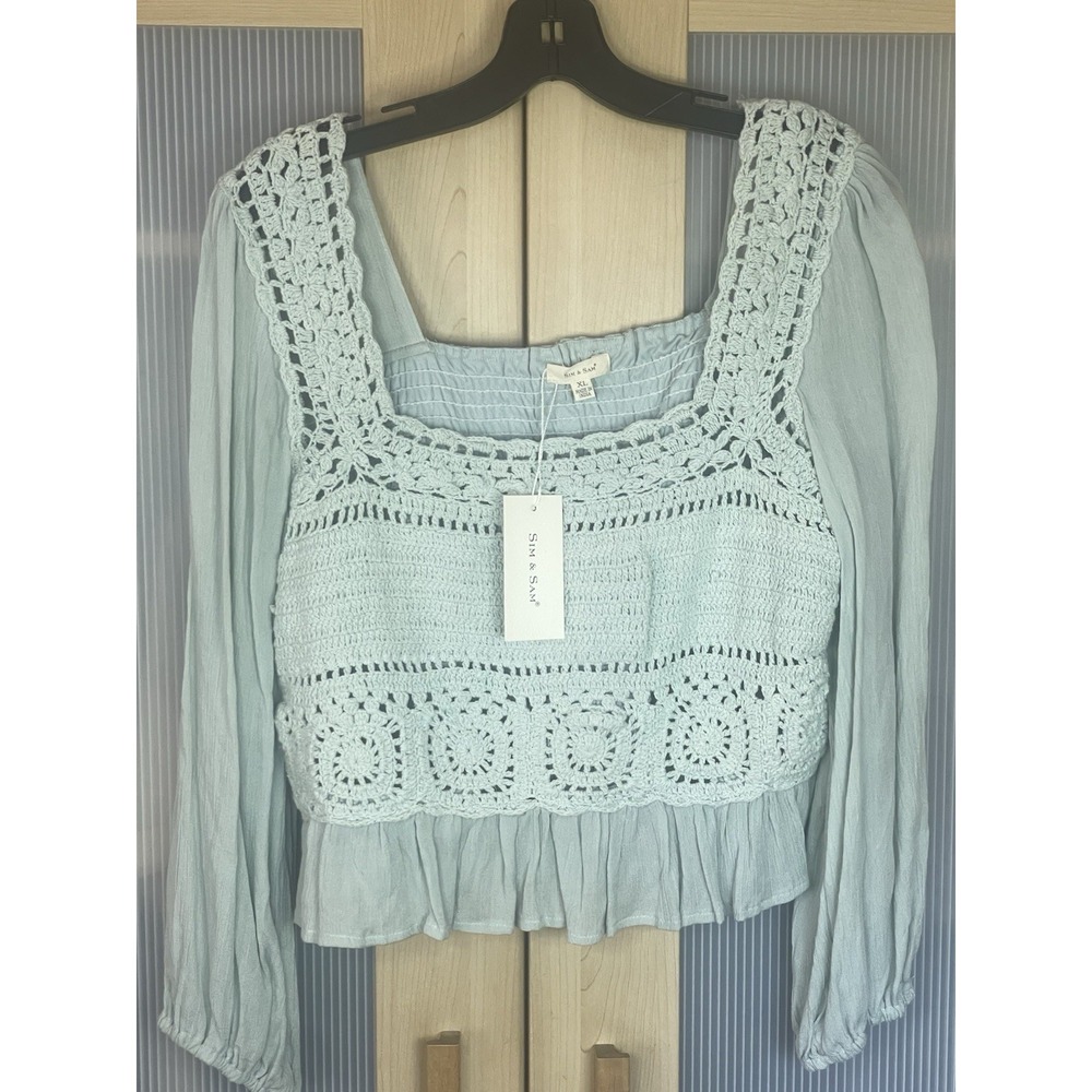 SIM & SAM Crochet Square Neck Blouse Top XL Fairy Cottagecore Boho Festival New